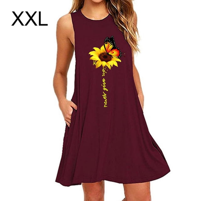 Vestido Corto Sin Mangas Midi Chaleco Vestido Mujer Estampado Trajes De Verano, Vino Rojo, XXL Inevent AP002125-13