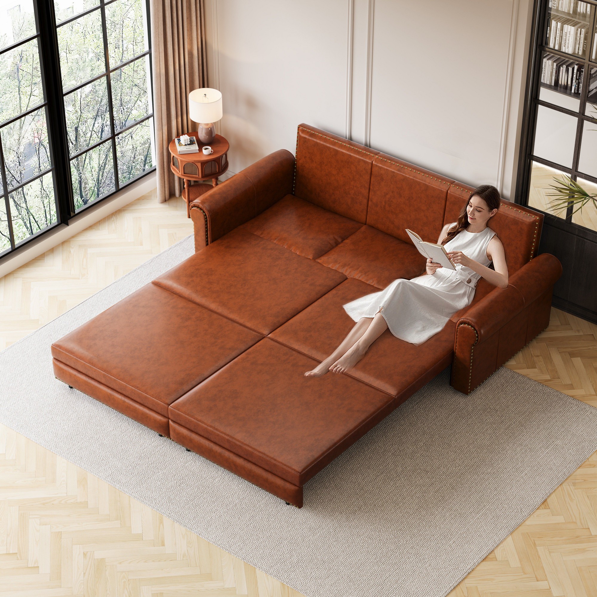 Aukfa 93.7" King Pull Out Sofa Bed, Faux Leather 3-in-1 Convertible Chesterfield Sleeper Sofa Couch with Nailhead Trim & Rolled Arms, Light Brown