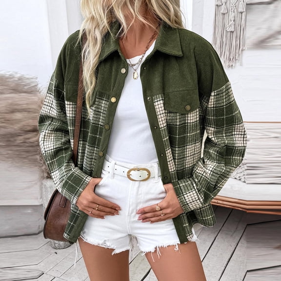 Coats for Women Plaid Long Sleeved Lapel Outerwear Jacket,Womens Coats Plus Size Green XXL