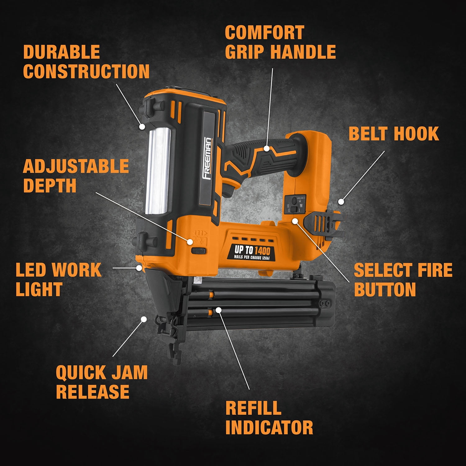 =Freeman PE20VT1850 20 Volt Cordless 18-Gauge 2" Brad Nailer (Tool Only) – 1400 Shots per Charge