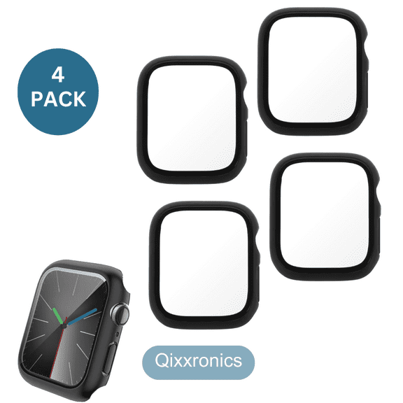 4PACK Qixxronics Black Case for Apple Watch Series 1/2/3 - 38mm, Full Cover, with Built-in Tempered Glass Screen Protector