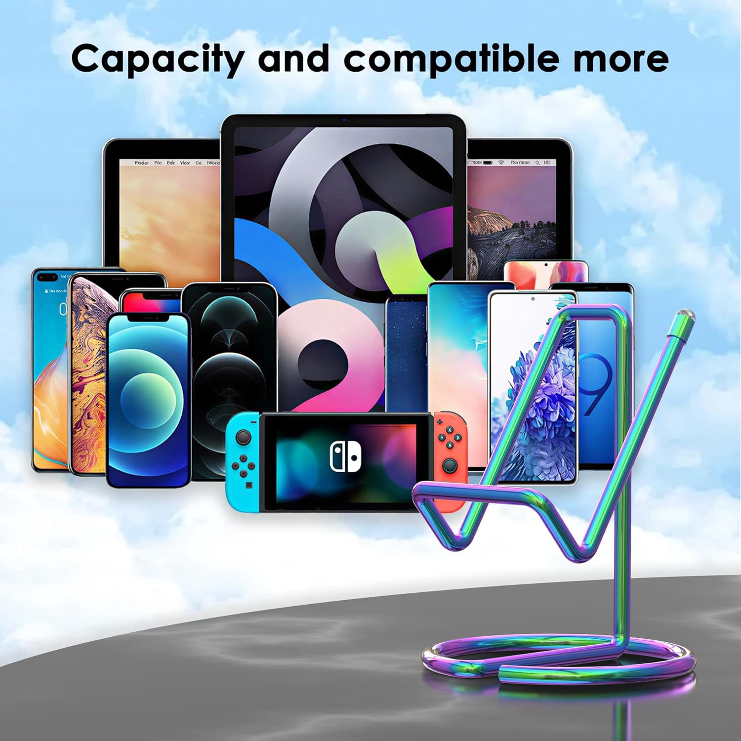 Metal Cell Phone Stand for Desk, Cute One-Piece Phone Holder, Stable Desktop Display Dock for iPhone, iPad, Samsung, Tablets & All Mobile Phones, Colorful