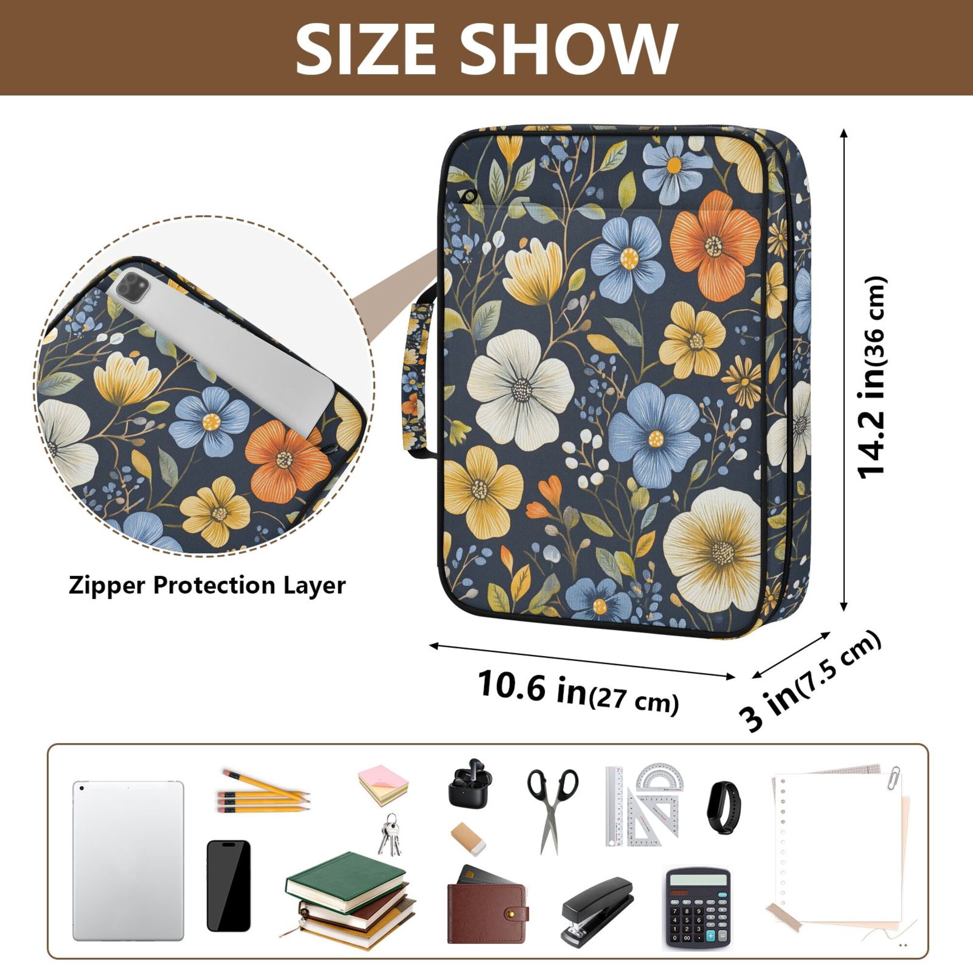 FORMRS Accordion File Folder A4 Size 7-Pocket Expanding Document Organizer Bag with 3 Ring Binder, Navy Floral Pattern
