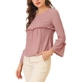 thumbnail image 4 of Allegra K Women's Ruffle Hem Top Textured Round Neck Bell Long Sleeve Blouse M Dusty Pink, 4 of 6