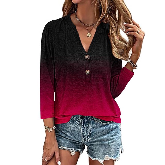 AOOCHASLIY Ladies' Clothes Clearances Womens 3/4 Sleeve V Neck Buttons Tee Gradient Color Blouse Loose Fit Tshirts Fall Tunic