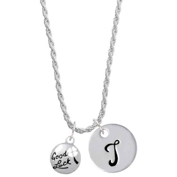 Delight Jewelry Silvertone Good Luck Disc with Cutout Four Leaf Clover Silvertone Script Initial Disc - T - Charm Necklace, 20"+3"