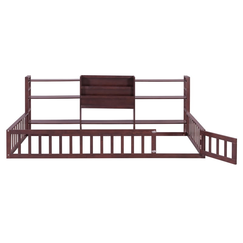 Twin Size Floor Bed with Integrated Bookcase and 3-Tier Storage Shelves, Low Profile Wood Toddler Bed Montessori Bed with Safety Guardrails for Boys Girls