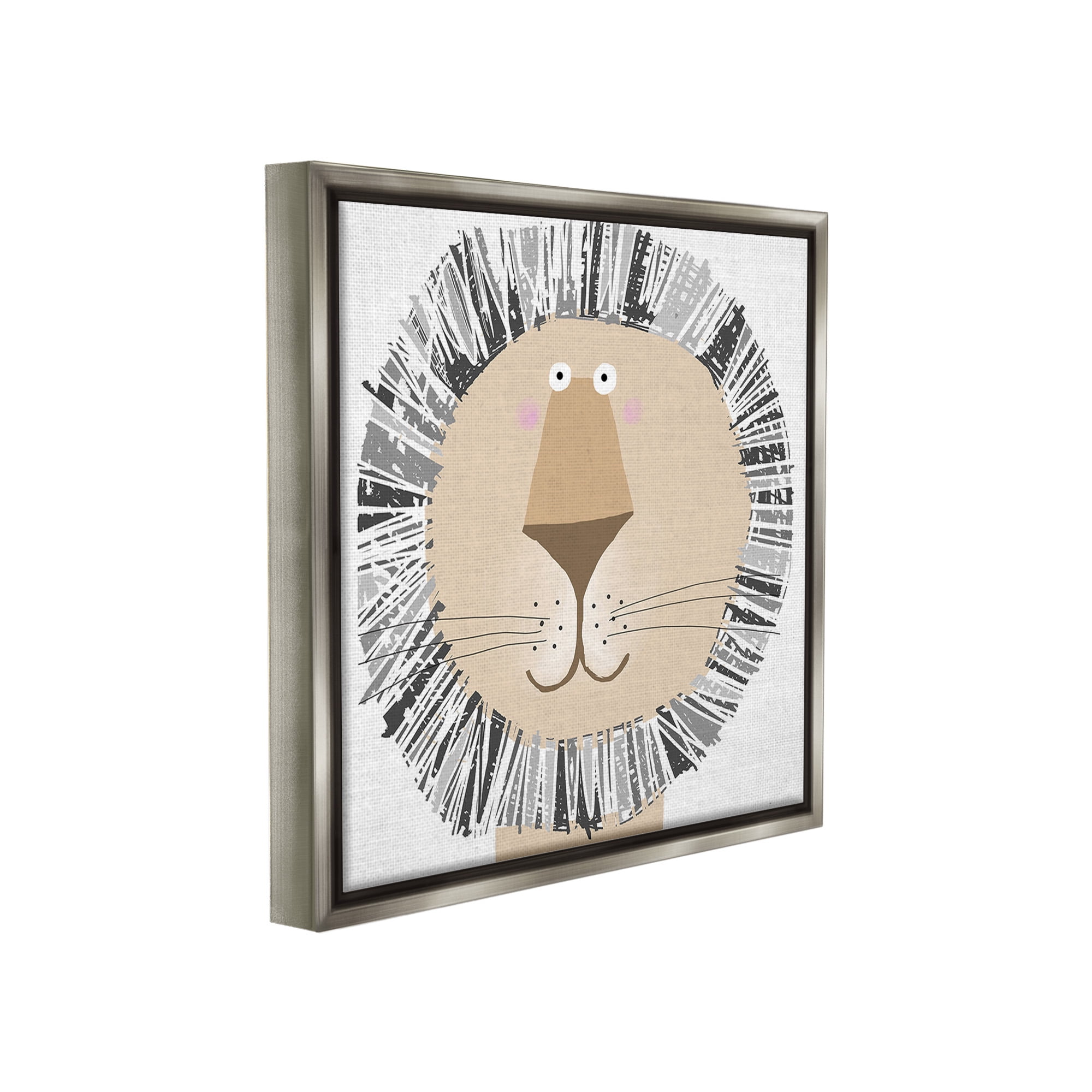 Stupell Industries Cartoon Lion Smile Animals & Insects Painting Gray Floater Framed Canvas Art Print Wall Art, 25 x 25
