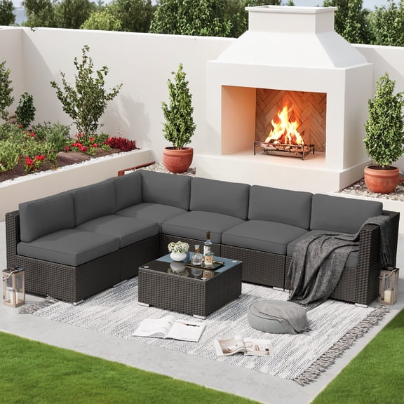 SUNCROWN 7-Piece Outdoor Patio Furniture Sofa Set All-Weather Black Wicker Sectional Conversation Set with Modern Glass Coffee Table and Cushions, Backyard, Garden, Deck, Dark Grey
