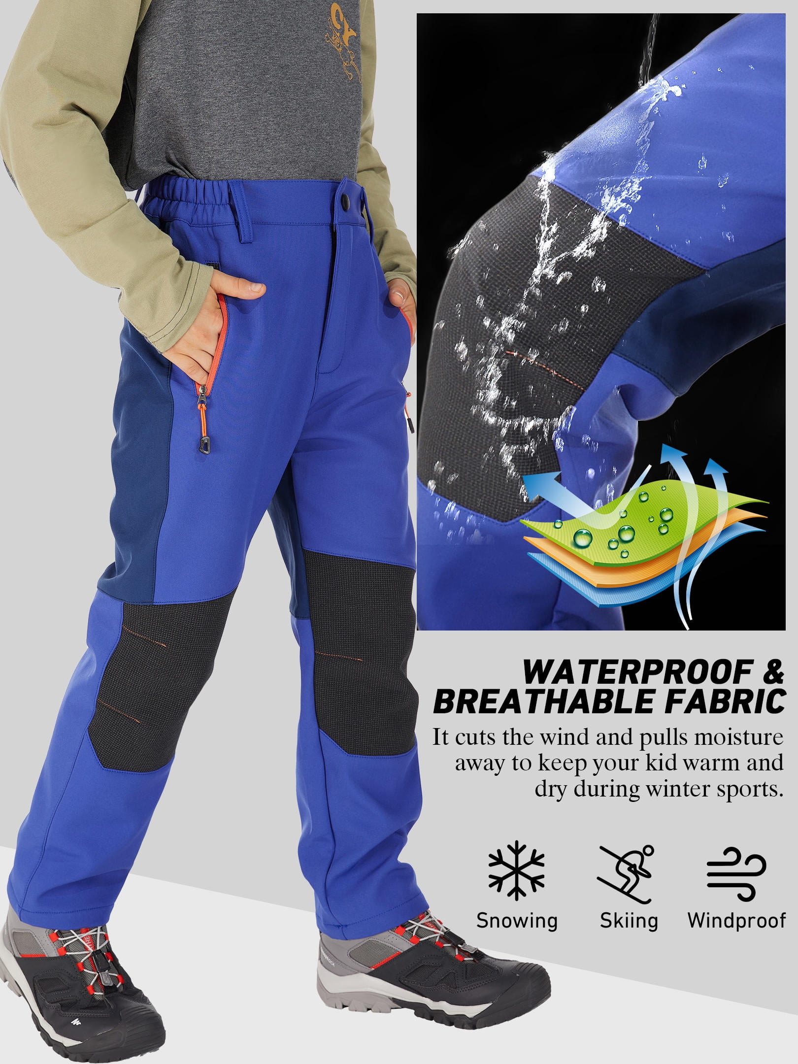 FEN AI Boy's Kids Youth Ski Snow Pants Windproof Waterproof Hiking Pant Expandable Waist Soft Shell Winter Warm Insulated Trousers Blue Size 4-5