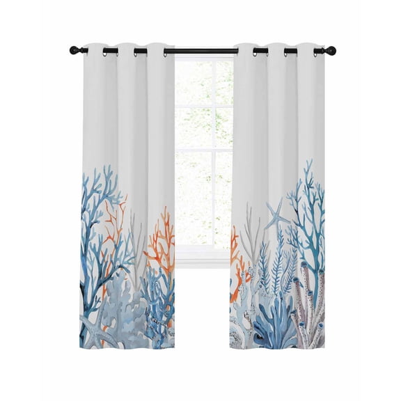 Coastal Coral Blackout Curtains, Light Blocking Print Window Curtains, Blue Ocean Starfish Seagrass Watercolor Thermal Insulated Window Drapes for Living Room Kitchen Cafe 2 Panels, 84"W x 63"L