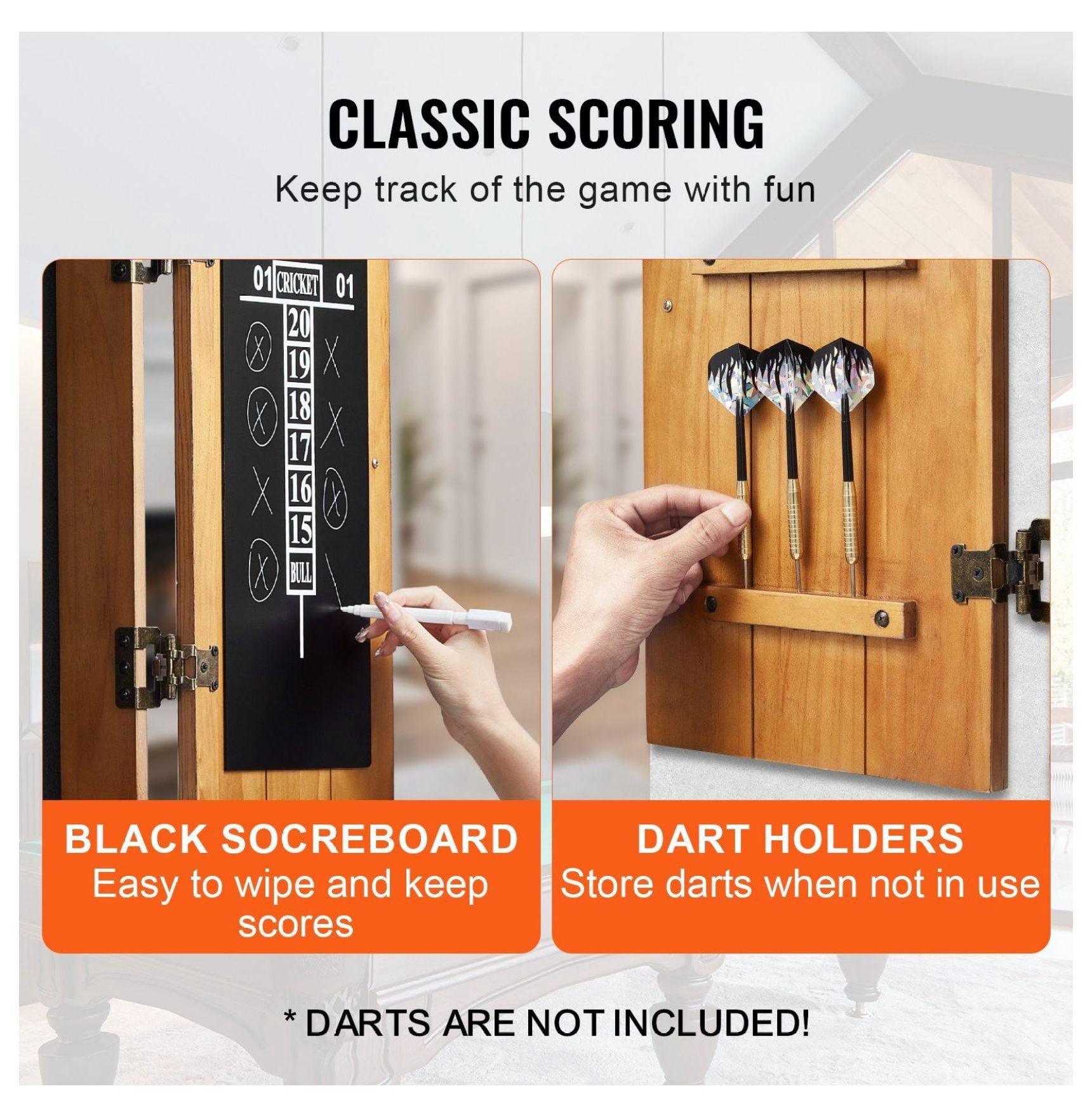 Dartboard Cabinet Solid Wood, Official Size - Retro Style, Scoreboard & Accessories Included (Dartboard & Darts Not Included)