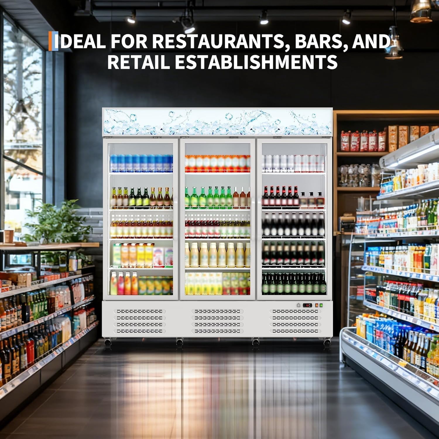 IdealHouse Commercial Refrigerator, Three Glass Door Display Beverage Fridge, 55 Cu ft Upright Beverage Cooler Merchandiser with Soft LED Light, Adjustable Shelves and Swivel Castors, Fast Cooling