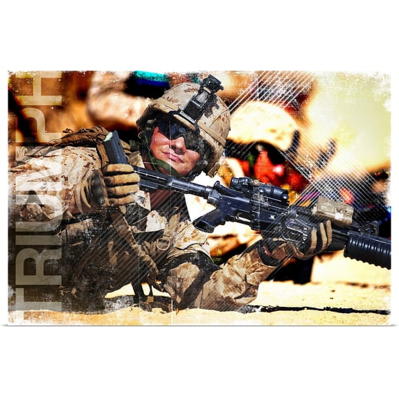 Great BIG Canvas | Rolled Kate Lillyson Poster Print entitled Military Grunge Poster: Triumph. A Marine shows his cleared weapon to an instructor