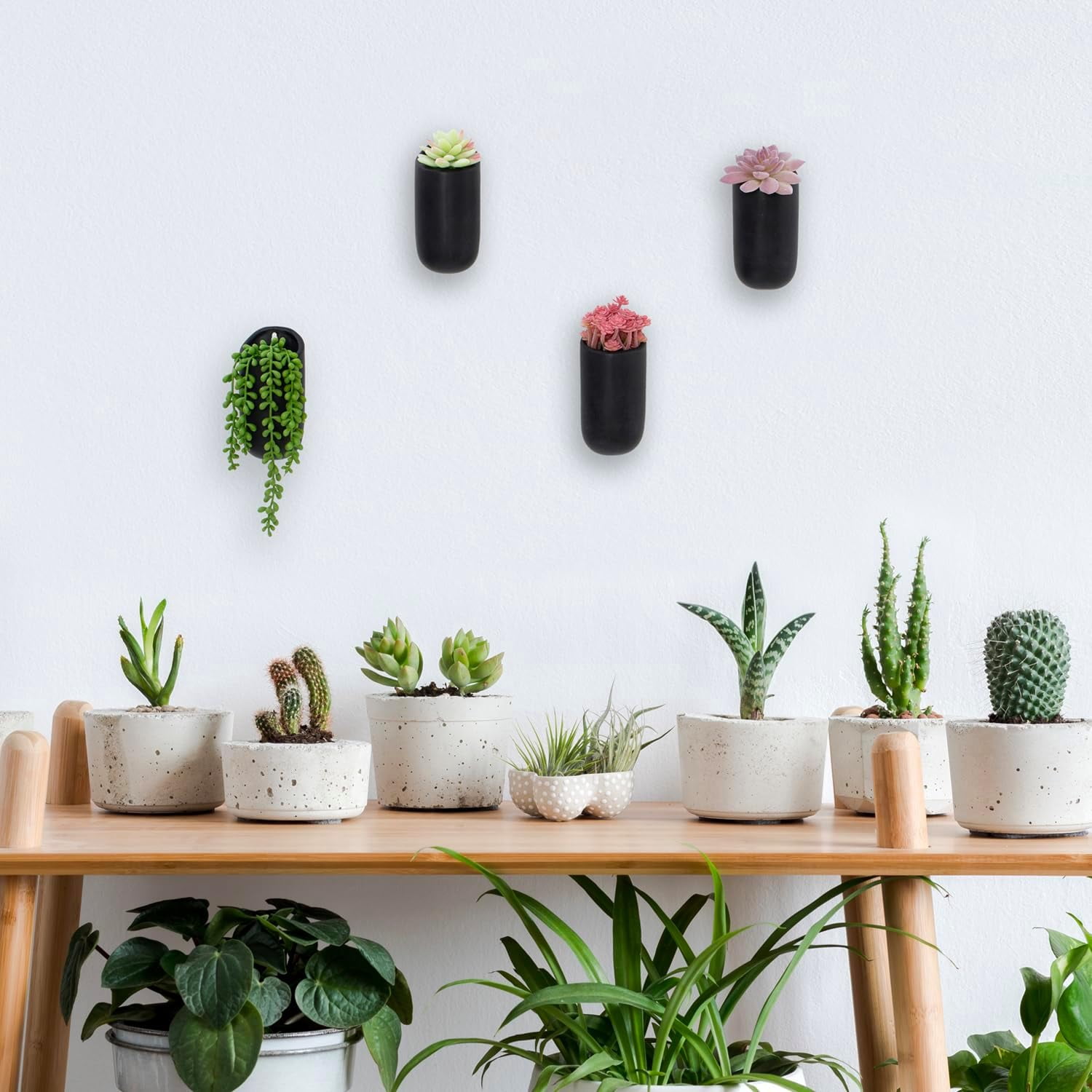 Set of 4 Mini Matte Black Ceramic Indoor Wall Planter, 6 Inch Cylindrical Wall Mounted Hanging Planter Pot for Succulents, Herbs, String of Pearls