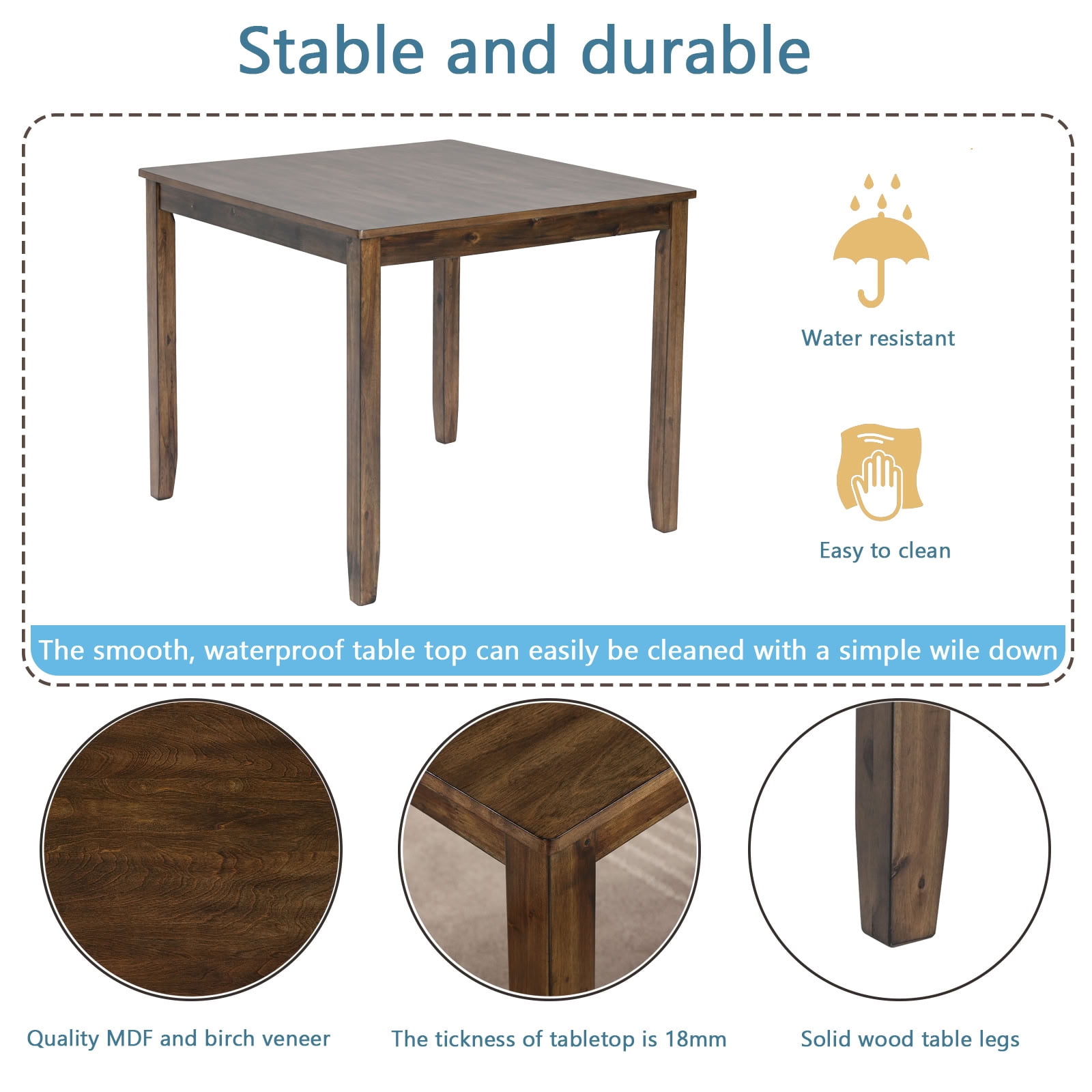 MAYEERTY 5-Piece Wooden Dining Table and Chairs Set for 4 with Water-Oil Resistant Tabletop & Space-Saving for Kitchen Dining Room Apartment, Walnut