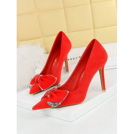 

516-H31 Korean Version Fashion Party High Heels Women Shoes Suede Shallow Mouth Pointed Toe Bowknot Single Shoes With Rhinestones
