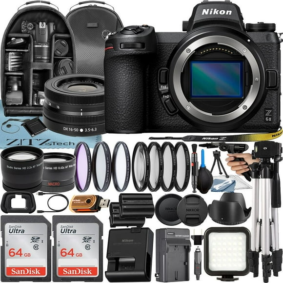Nikon Z6 II Mirrorless Camera with NIKKOR Z DX 16-50mm VR Lens + 2 Pack 64GB SanDisk Card + Case + Tripod + ZeeTech Accessory Bundle.