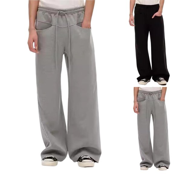 Dual Pockets Wide Leg Sweatpants for Men Loose Street Trousers Elastic Drawstring Waist Open Leg Casual Pants | Soft Drape Knit Oversized Sweatpants Front & Back Storage Pockets Black,L
