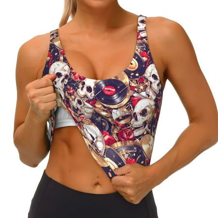 Qokaie Skull record artist Pattern Womens Scoop Neck Sports Bra Breathable Workout Vest Padded U Back Medium Impact Fitness Gym Yoga Bra Workout Crop Top