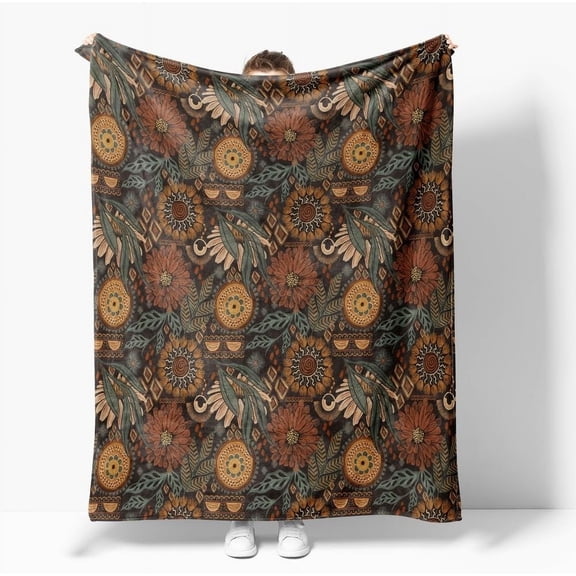 Boho Vintage Floral Print Blanket,Rustic Soft Flannel Lightweight Blanket,Brown/PeachPuff/Green Botanical Throw Blanket for Living Room Sofa Decor,Gifts Blanket for Women Girls All Seasons 50x60 inch