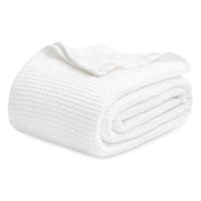 Manta para cama, 100% algodón, tamaño queen, tejido gofrado, color blanco