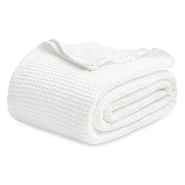 Manta para cama, 100% algodón, tamaño queen, tejido gofrado, color blanco