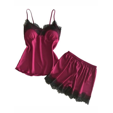 

DYMADE Womens Satin Silk Lace Cami+Shorts Sexy Lingerie 2PCS Sleepwear Pajamas Set
