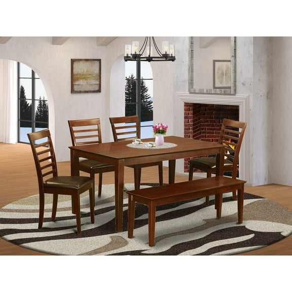East West Furniture  6 Piece Modern Table Set- a Wooden Table and 4 Kitchen Chairs with a Bench, Mahogany (Seat Options) Natural CAML6C-MAH-LC