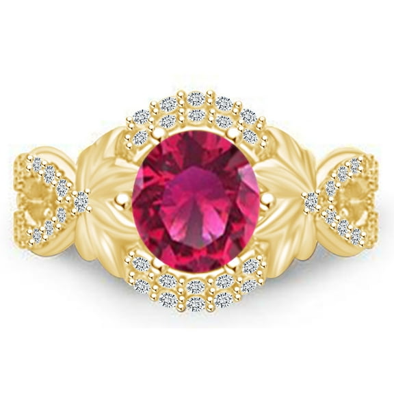 AFFY 1.5 Carat Round Shape Simulated Pink Ruby & Natural Diamond Flower Engagement Ring 14k Solid Yellow Gold Ring Size-6.5