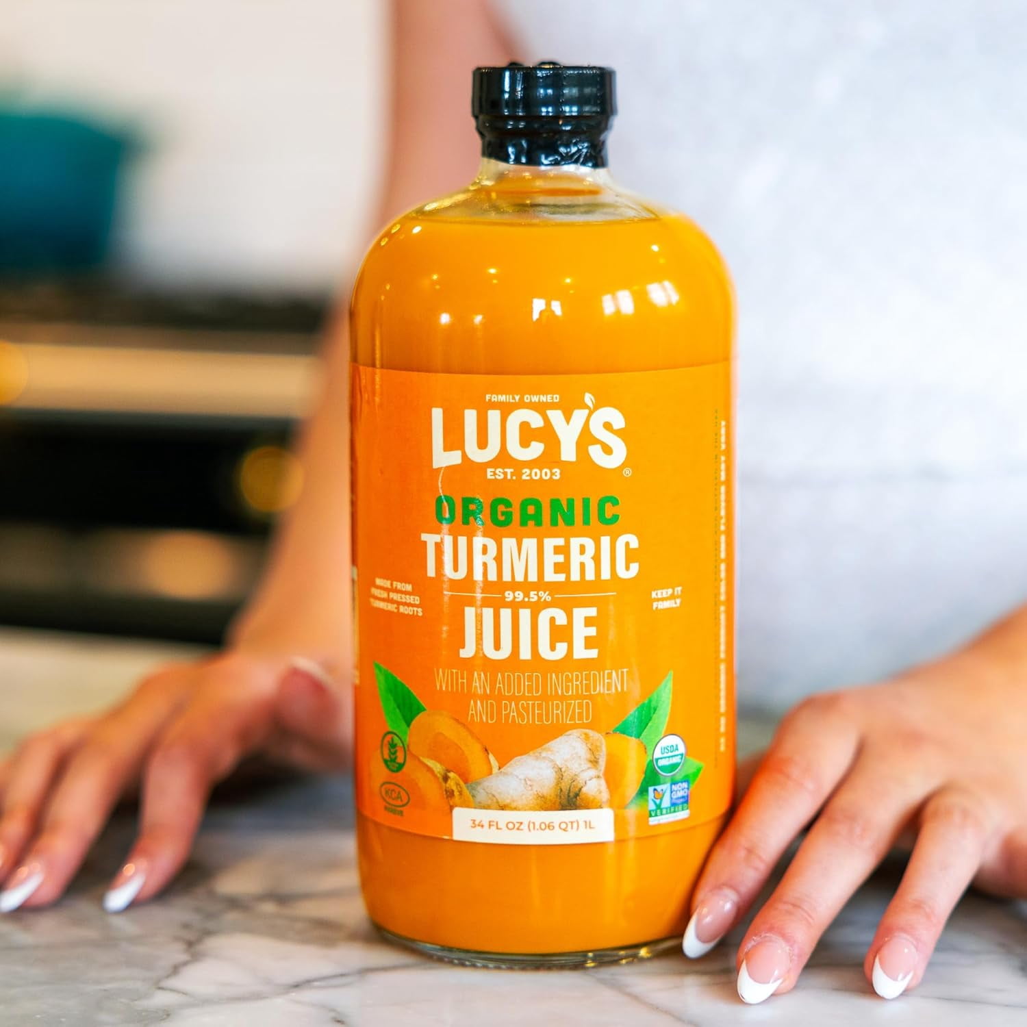 Lucy’s Fiji Turmeric Organic Non-GMO 99% Pure Turmeric Juice - 34 oz Glass Bottle (Made from Fresh Pressed)