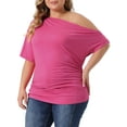 thumbnail image 4 of Agnes Orinda Women's Plus Size Tops Solid One Shoulder Short Sleeve Casual Blouses 2X Hot Pink, 4 of 5