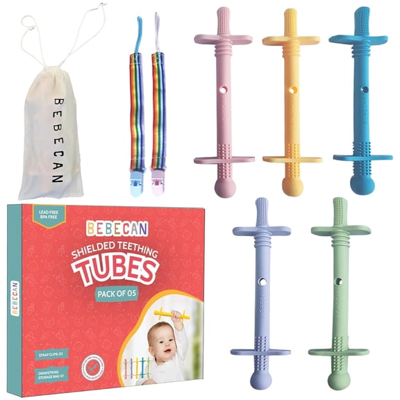 Bebecan Shielded Teething Tubes for Babies 0-36 Months, 5-Pack   2 Clips, Anti-Choking Design