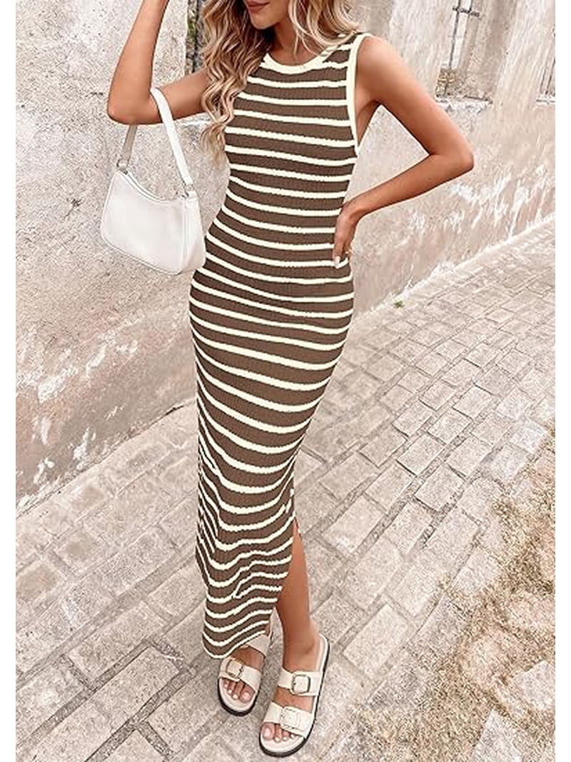 bodycon vacation dress PRETTYGARDEN Sundresses for Women Summer Striped Knit Side Slit Spring Fashion Maxi Beach Clothes Paint Color:Surf summer Decoration 18th birthday dresses Turquoise Bridesmaid Dresses -