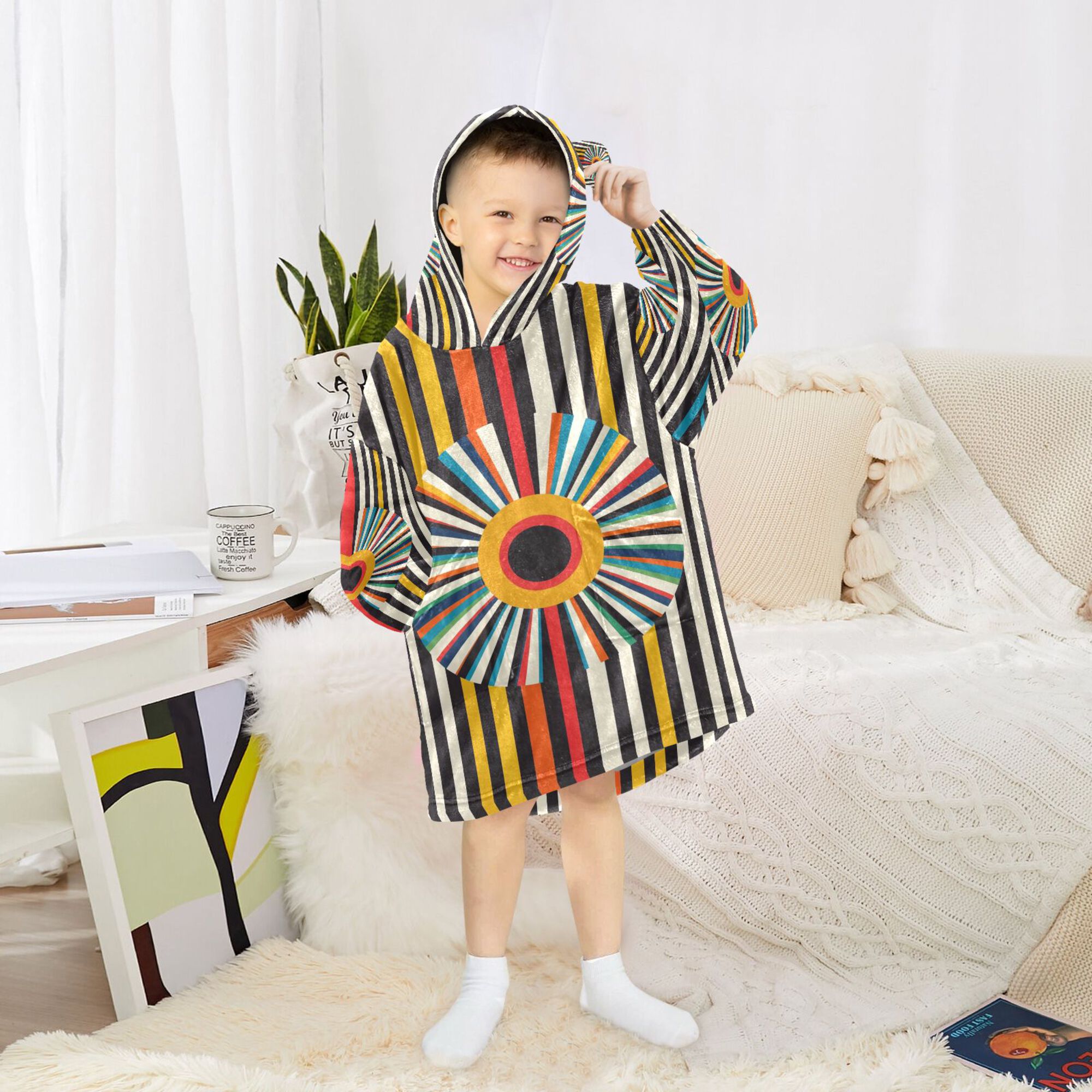 FORMRS Wearable Blanket Hoodie with Sleeves for Kids Cozy Flannel Sweatshirt, Geometric Stripes