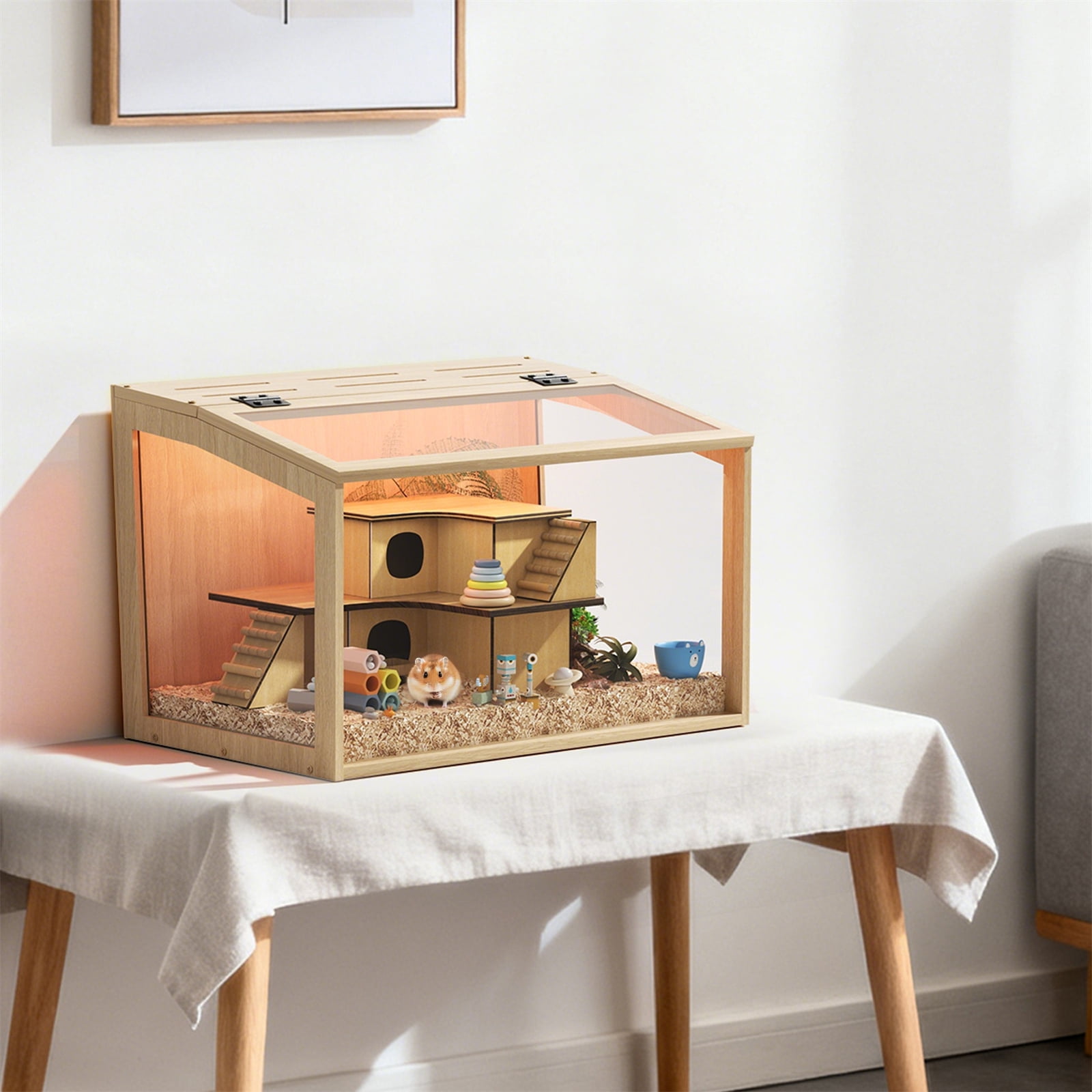 Bingopaw Chew-proof Wooden Hamster Cage Clear Glass Panel Tabletop Habitat with LED Light for Small Pets