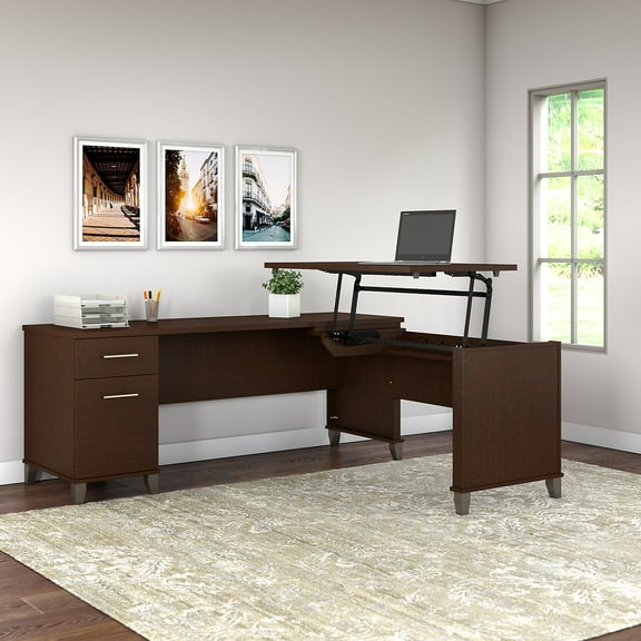 Bush Furniture Somerset 72 in L Desk with Adjustable Height - 3 Position Sit to Stand Option in Mocha Cherry
