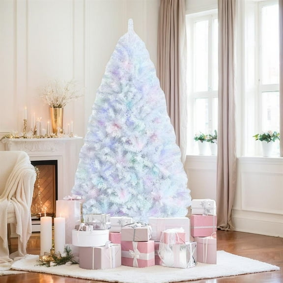 Topcobe 7 Feet White Iridescent Tinsel Artificial Christmas Tree with Metal Stand, Christmas Tree for Christmas Decoration