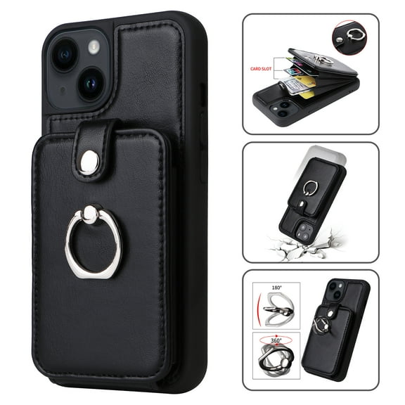 Compatible for iPhone 15 Case Wallet with Accordion Card Holder, Rotation Finger Ring Holder Stand, Elegant PU Leather Protective Secure Button Shockproof Cover for iPhone 15, Black