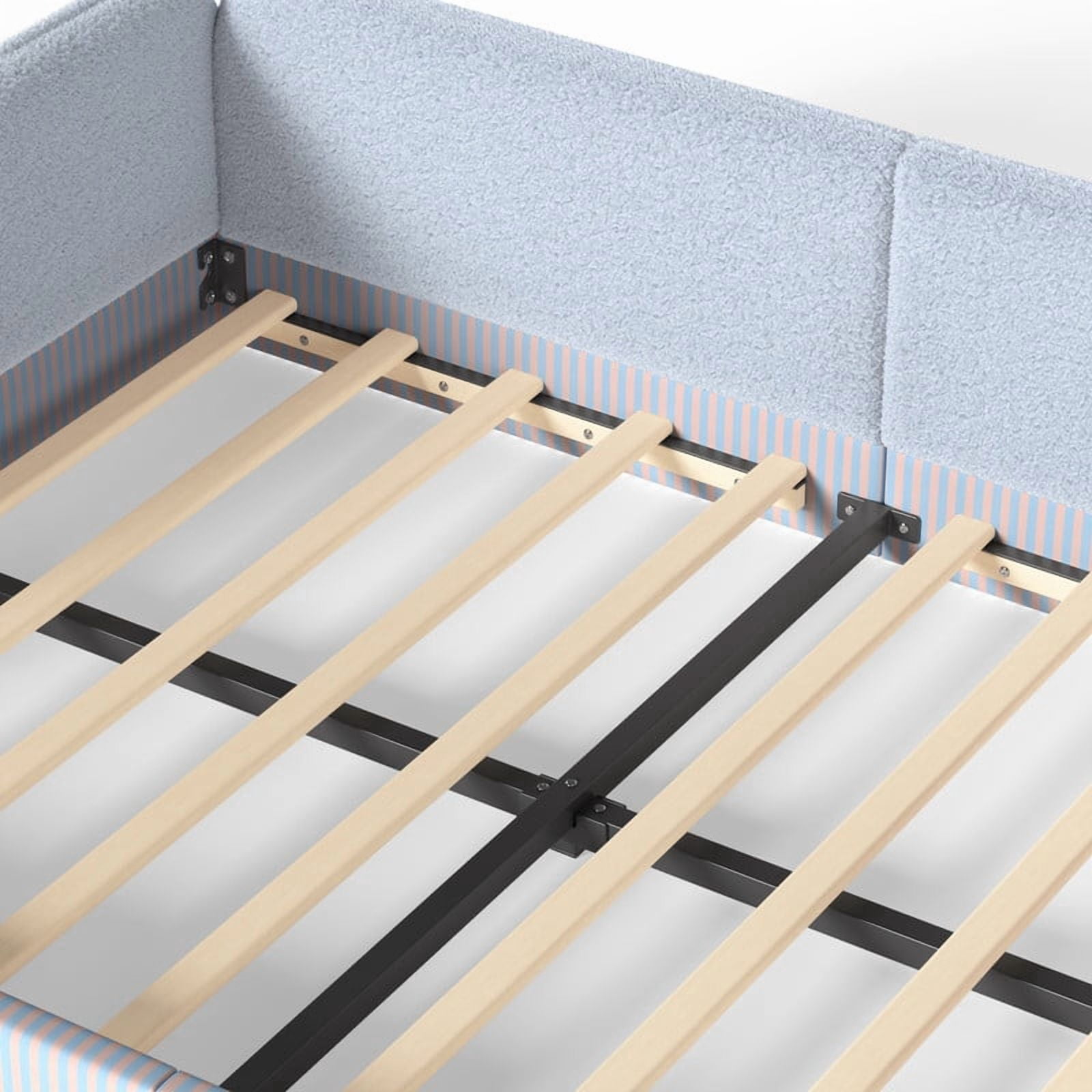 Queen Size Upholstered Floor Daybed Frame for Kids, Half-Enclosed Montessori Platform Bed with 3-Sided Surrounding Guardrails