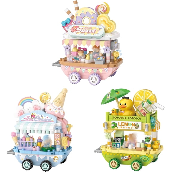 SKQIT 3 Packs Food Stand Cart Building Block Set,Street View Collection Particle Construction Building Bricks Toy,Home Decoration