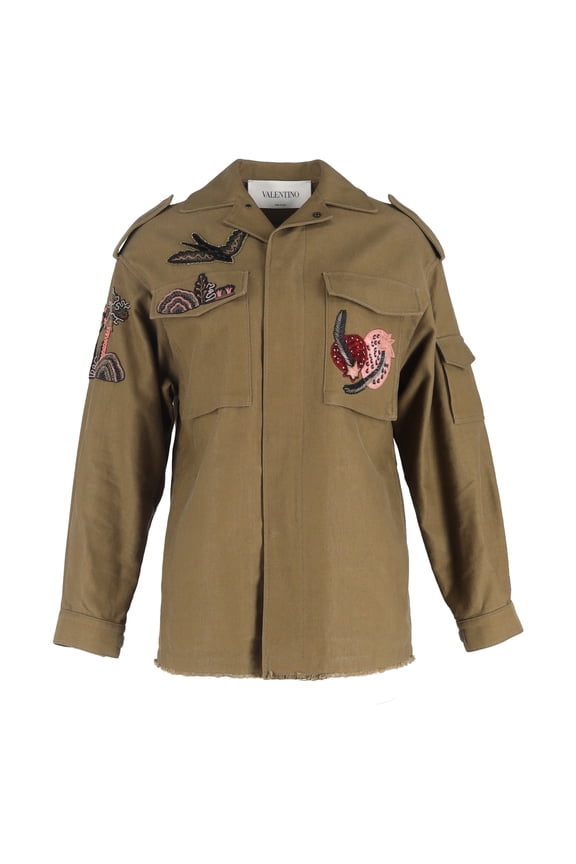 Pre-Owned Valentino Embroidered Military Jacket in Olive Green Cotton