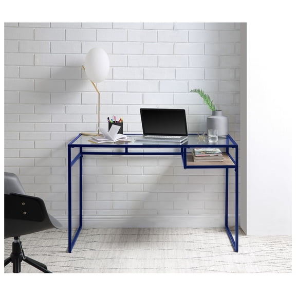 Glass Writing Desk with Blue Metal Frame - Modern Computer Desk with Shelf - 45" Long Home Office Desk for Students & Adults