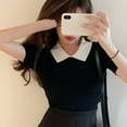 thumbnail image 5 of Women T Shirt Turn Down Collar Short Sleeve Knit Slim Fit Simple Summer Top for Work Shopping Black Black Free Size, 5 of 8