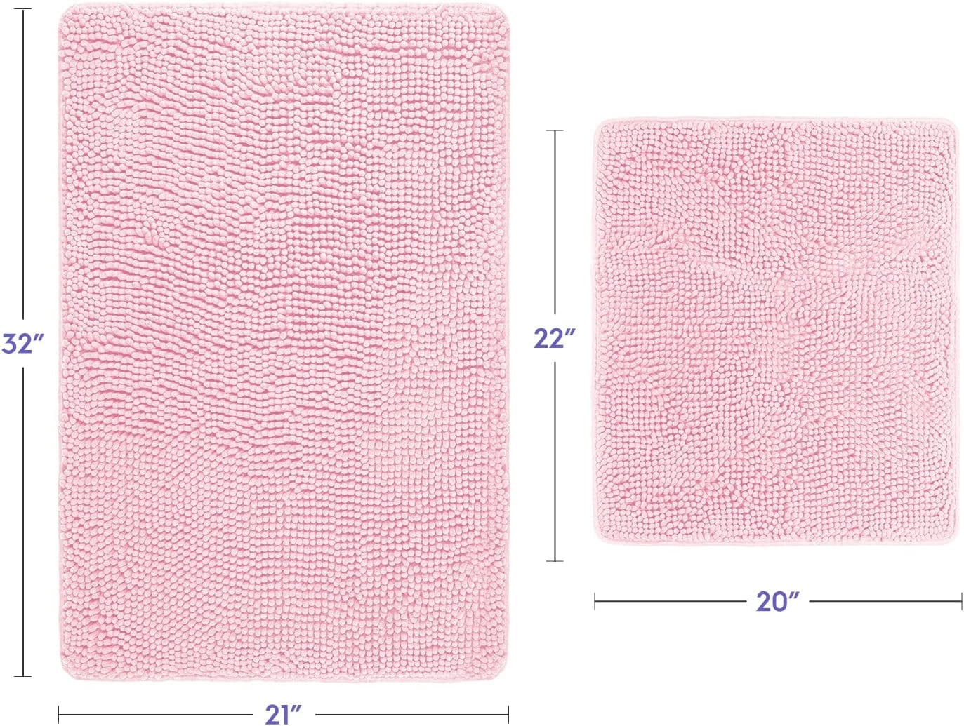 Bathroom Rugs, Extra-Thick Memory Foam Bath Mat, Ultra-Soft Chenille Microfiber, Highly Absorbent, Machine Washable, Shaggy Bath Mats for Bathroom, Non-Slip (21x32 + 20x22, 2pcs) Lt Pink
