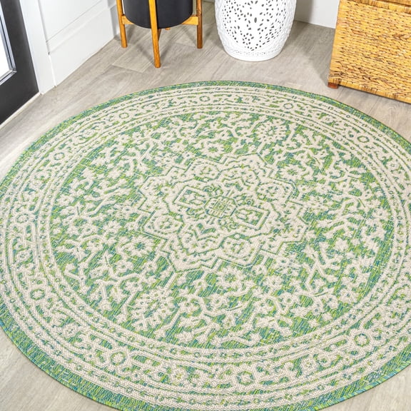 JONATHAN Y SANTA MONICA 5' Round Area Rug, Sinjuri Medallion Textured Weave - Cream/Green, SMB101H-5R