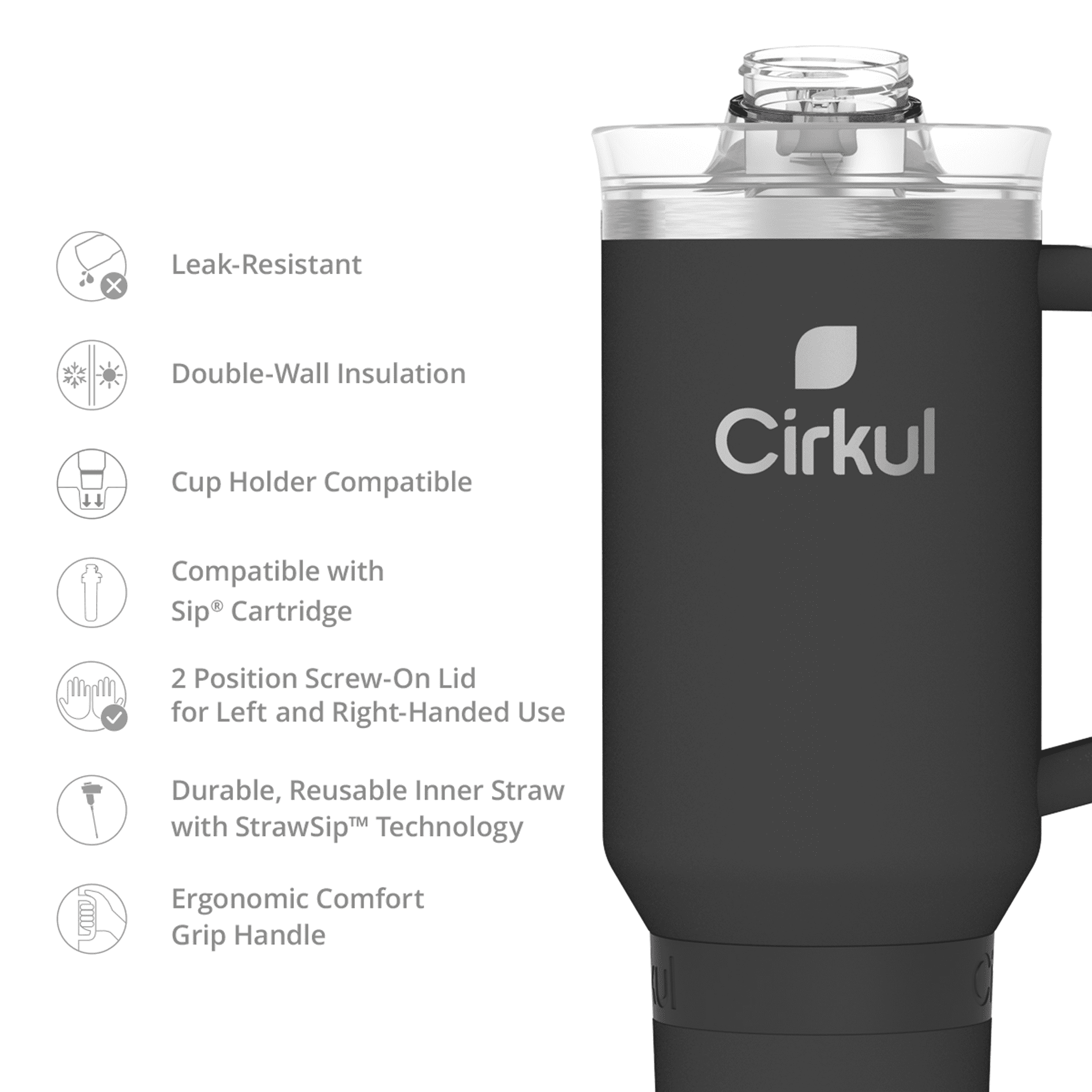 Cirkul 40oz All-Day StrawSip Double-Wall Insulated Stainless Steel Tumbler with Handle, Carbon (Black)