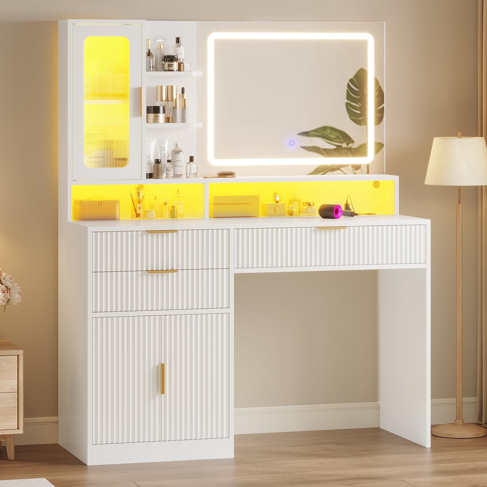 Fluted Makeup Vanity Desk with Touch Screen Mirror and Lights, Wood Vanity Table with Charging Station & LED Lights, with 3 Drawers & Cabinet & Shelves, White