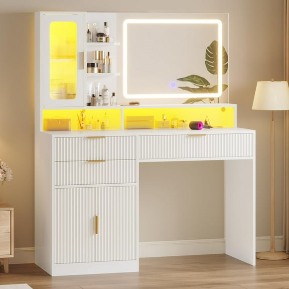 Afuhokles Fluted Makeup Vanity Desk with Lighted Mirror and Charging Station, Vanity Table with 3 Drawers and Cabinet, White