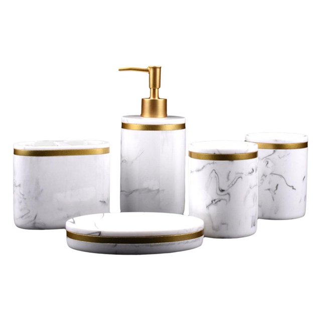 Plato de jabón de baño de accesorios de mostrador de , 5 piezas, con de mármol, soporte para cepillo de , loción, dispensador, construcción Fanmusic Plato de jabón de baño